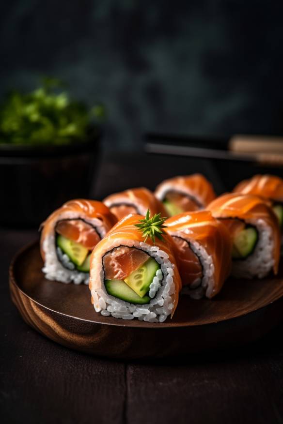 Lachs-Gurken-Sushi auf einem Teller angerichtet.