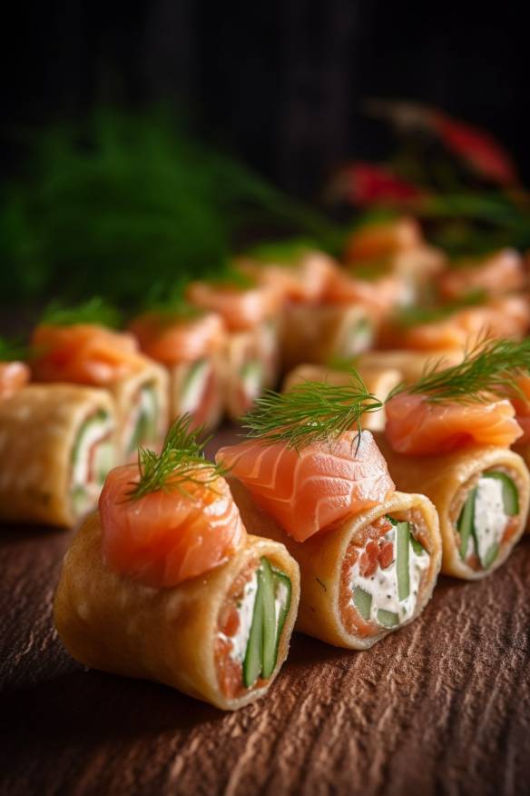 Lachs-Röllchen als Fingerfood mit Frischkäse und Gurke