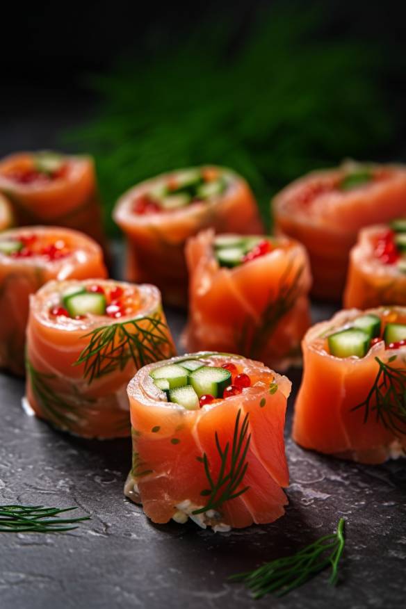 Lachsröllchen - Fingerfood mit Lachs und Gurke.