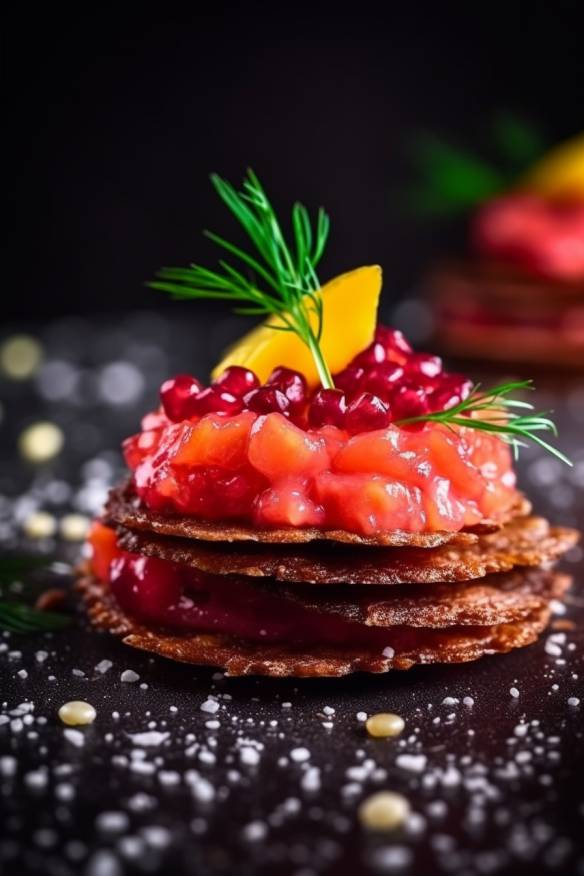 Lachs-Tatar auf Rote-Bete-Chips angerichtet.