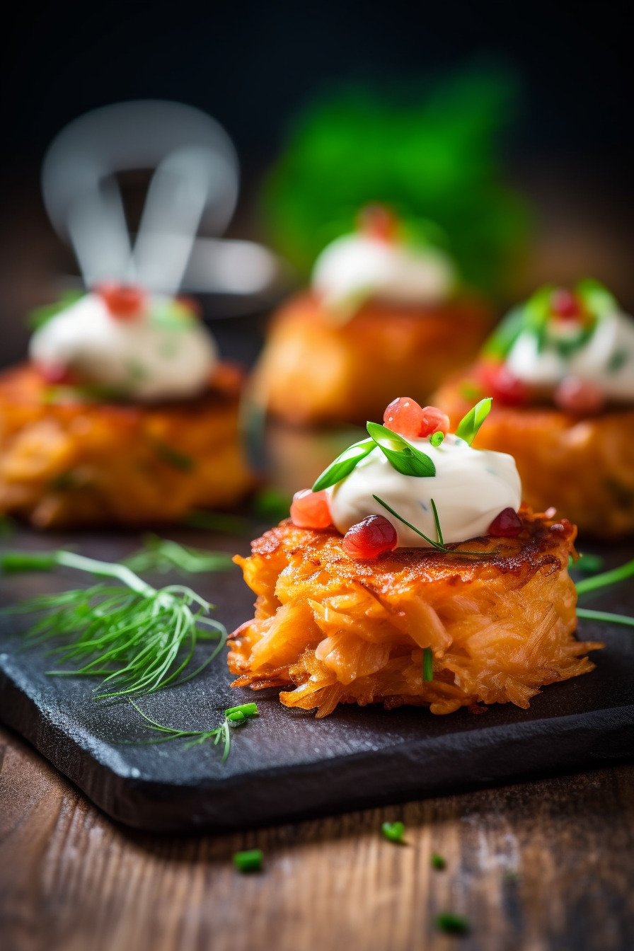 Lachs-Tatar auf Rösti-Häppchen mit Sauerrahm und Schnittlauch