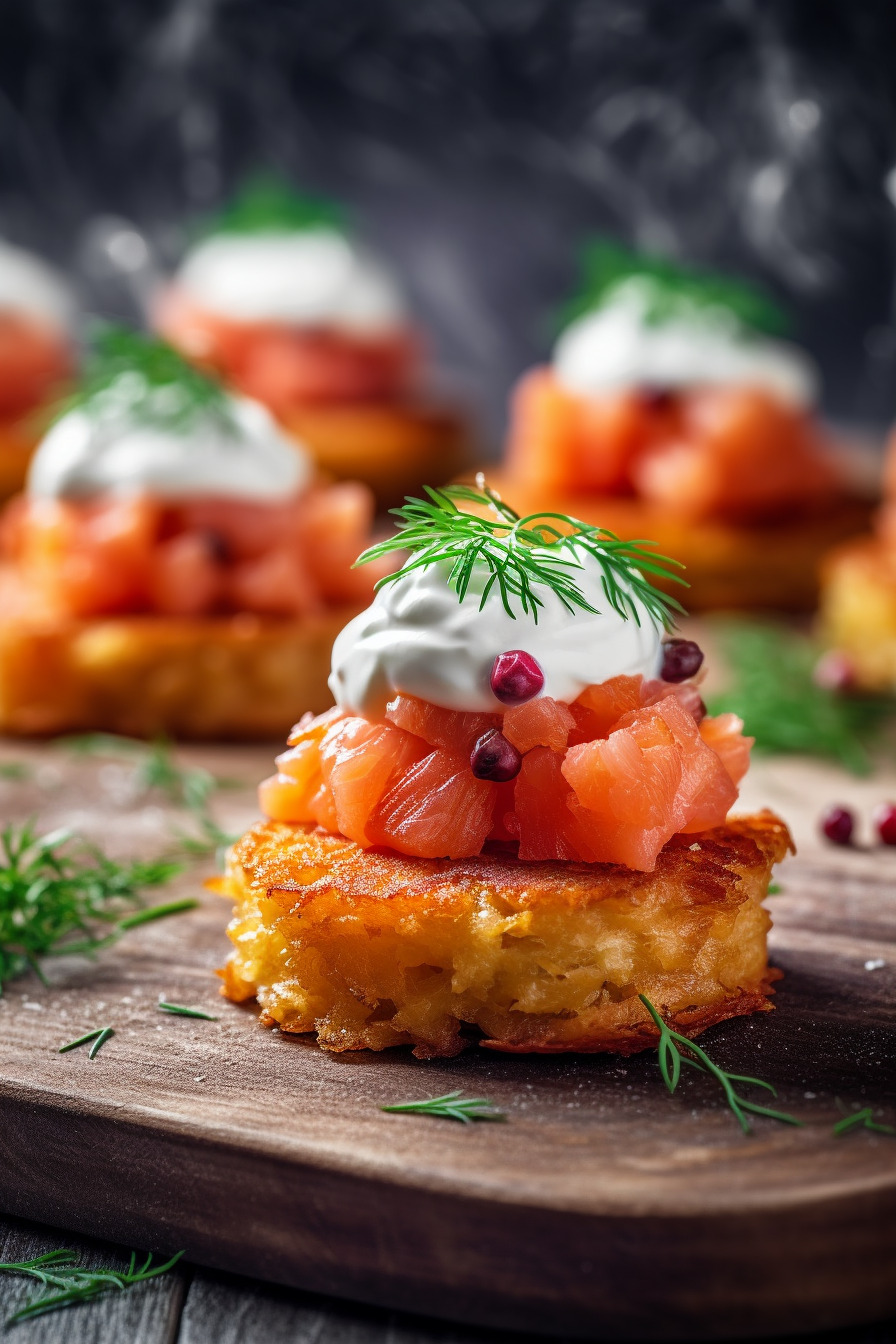 Lachs-Tatar auf Rösti-Häppchen mit Sauerrahm und Schnittlauch