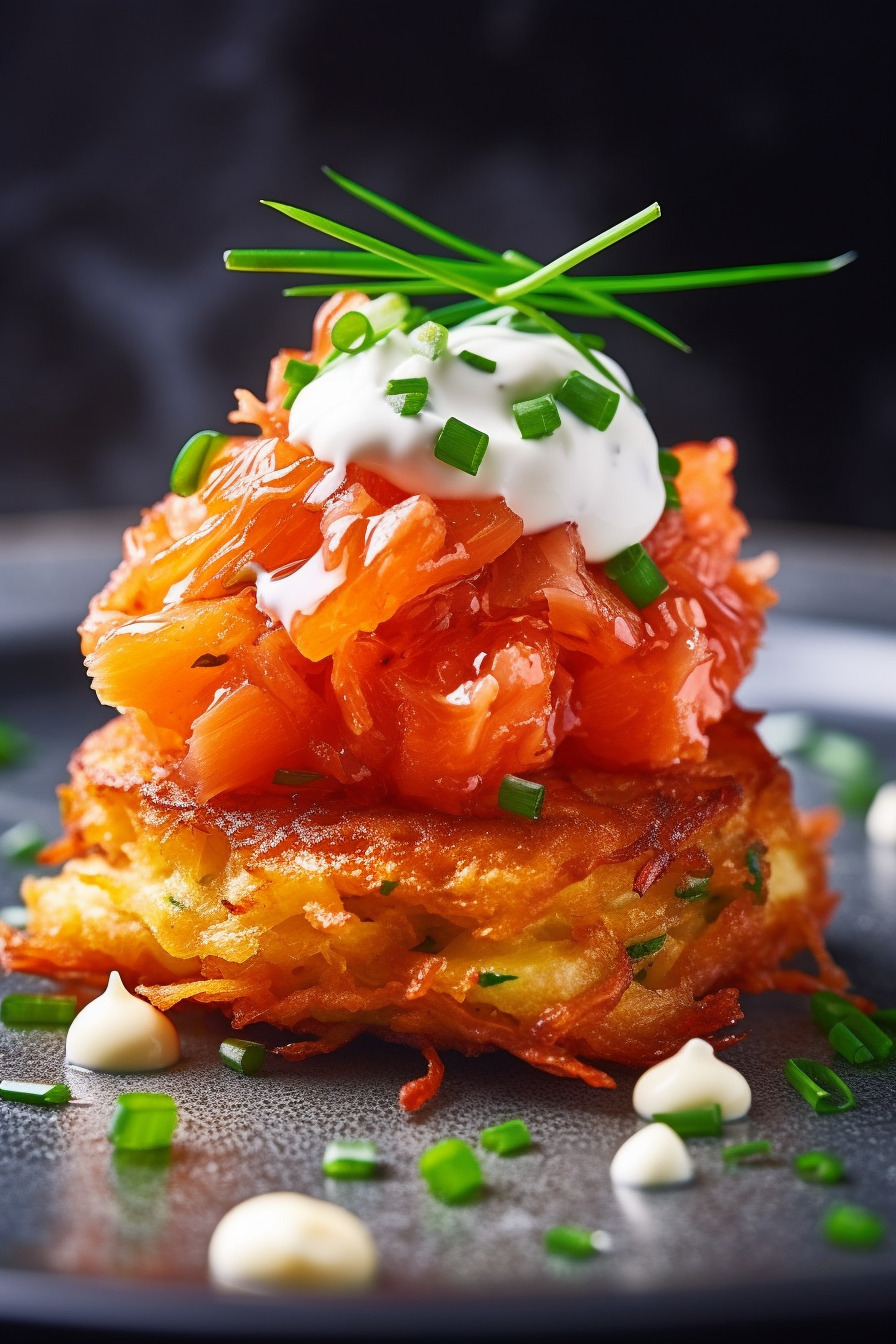 Lachs-Tatar auf Rösti-Häppchen mit Sauerrahm und Schnittlauch