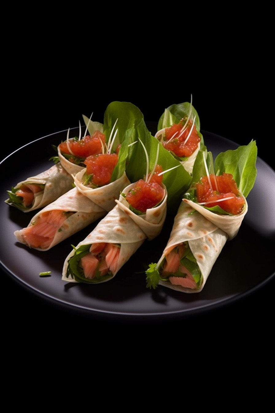 Lachs-Wraps als Fingerfood auf einem Teller angerichtet.