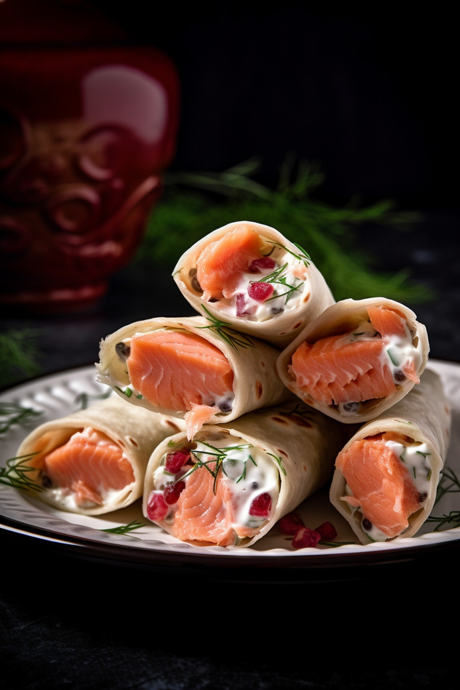 Lachs-Wraps als Fingerfood auf einem Teller angerichtet.