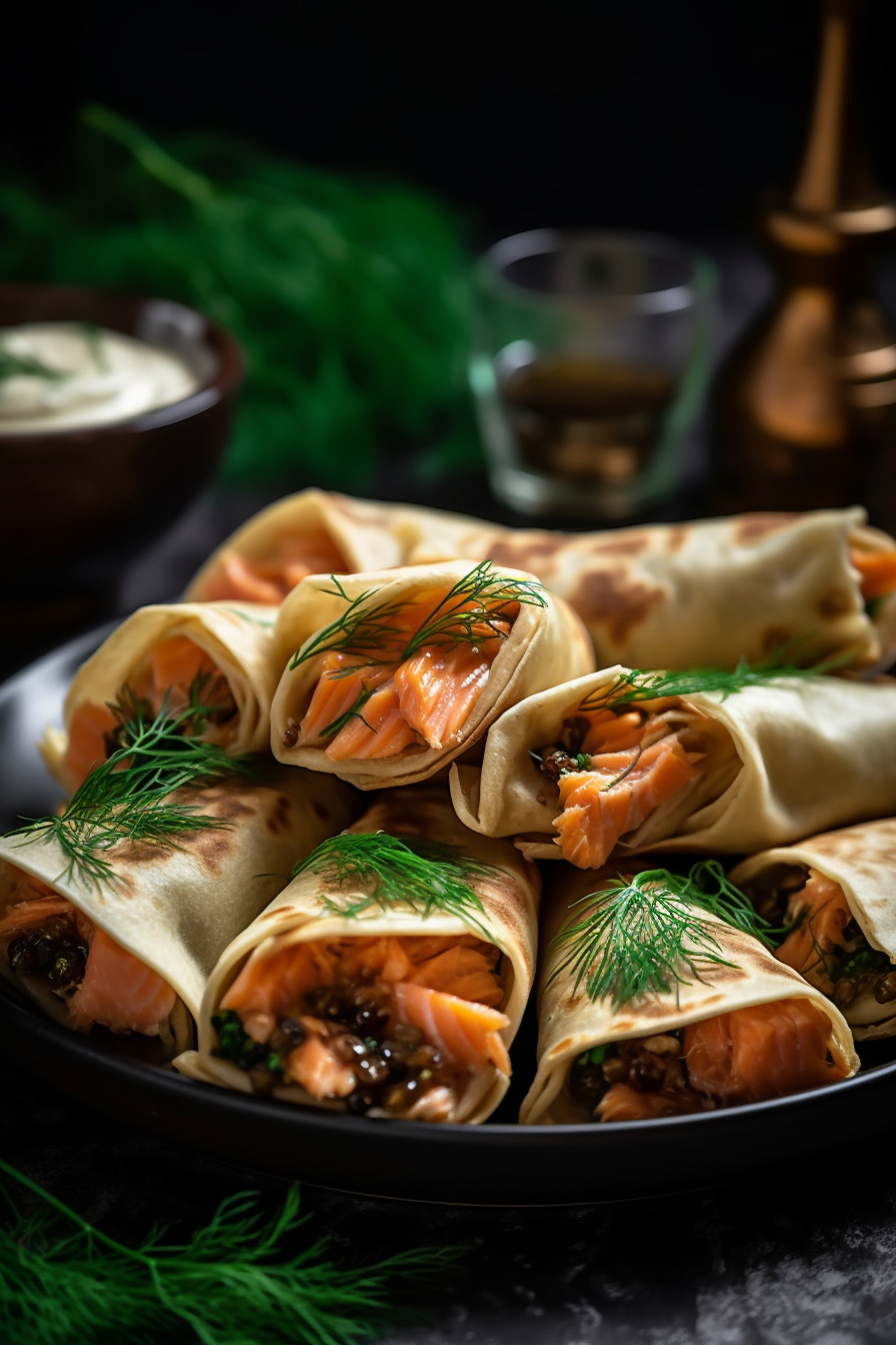 Lachs-Wraps als Fingerfood auf einem Teller angerichtet.