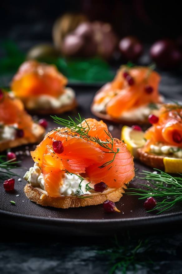 Lachs-Ziegenkäse Canapés auf einem Servierteller