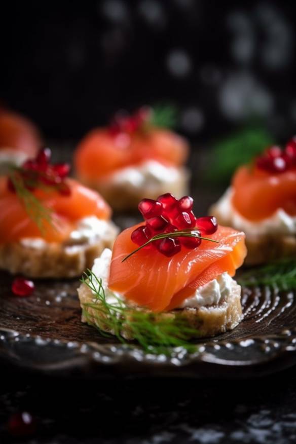 Lachs-Ziegenkäse Canapés auf einem Servierteller