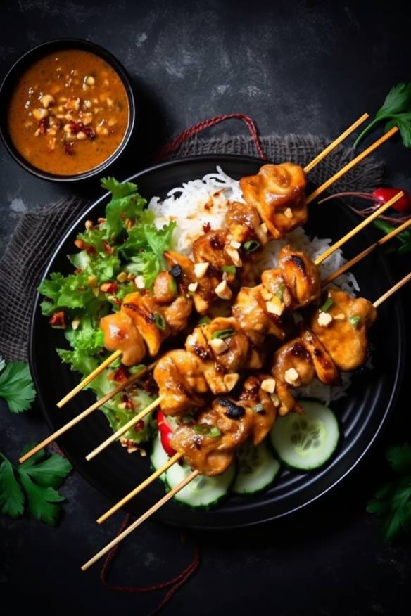 Satay-Spießchen mit Hähnchenfleisch und Erdnusssauce