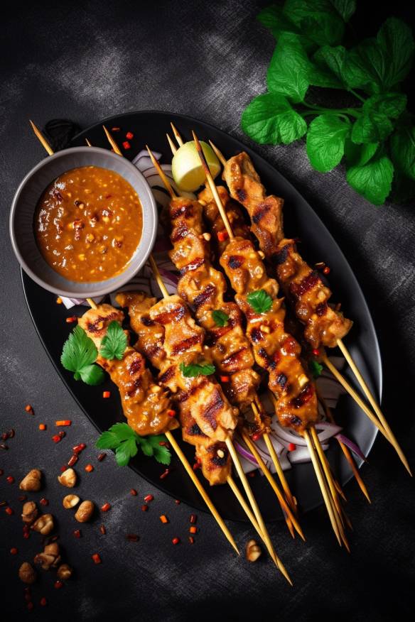 Satay-Spießchen mit Hähnchenfleisch und Erdnusssauce