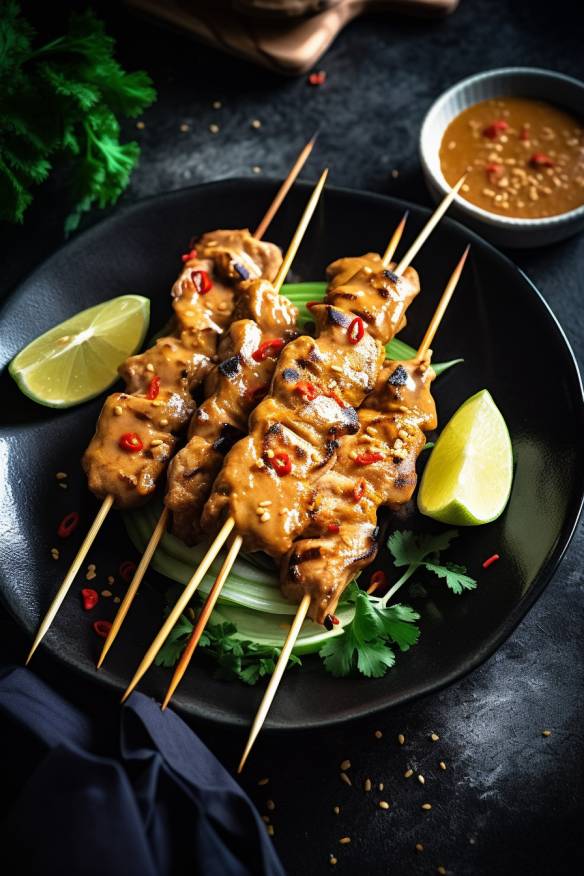 Satay-Spießchen mit Hähnchenfleisch und Erdnusssauce