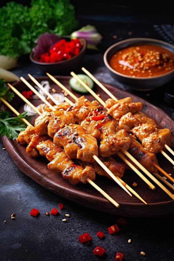 Satay-Spießchen mit Hähnchenfleisch und Erdnusssauce