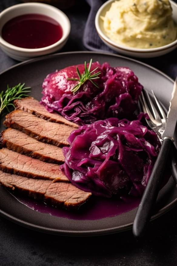 Sauerbraten Soße auf einem Teller mit Fleisch, Rotkohl und Kartoffeln