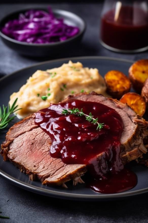 Sauerbraten Soße auf einem Teller mit Fleisch, Rotkohl und Kartoffeln