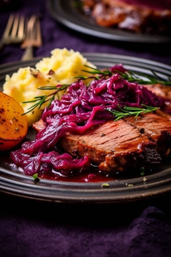 Sauerbraten Soße auf einem Teller mit Fleisch, Rotkohl und Kartoffeln