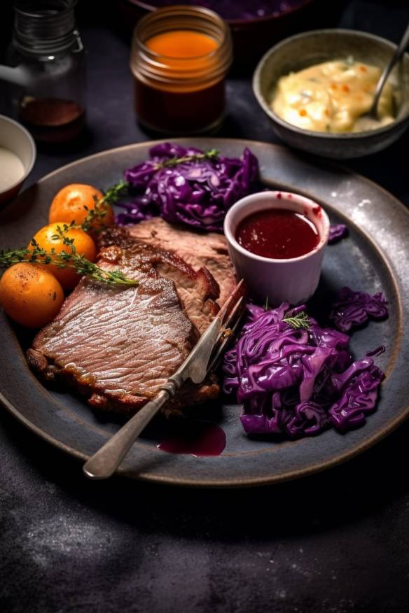 Sauerbraten Soße auf einem Teller mit Fleisch, Rotkohl und Kartoffeln