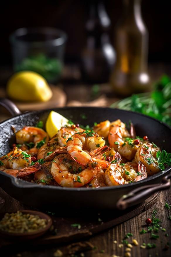 Gebratene Garnelen mit Knoblauch und Chili auf einem Teller.