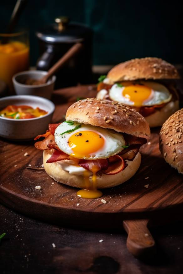 Herzhafte Frühstücks-Brötchen mit Speck, Gemüse und Ei