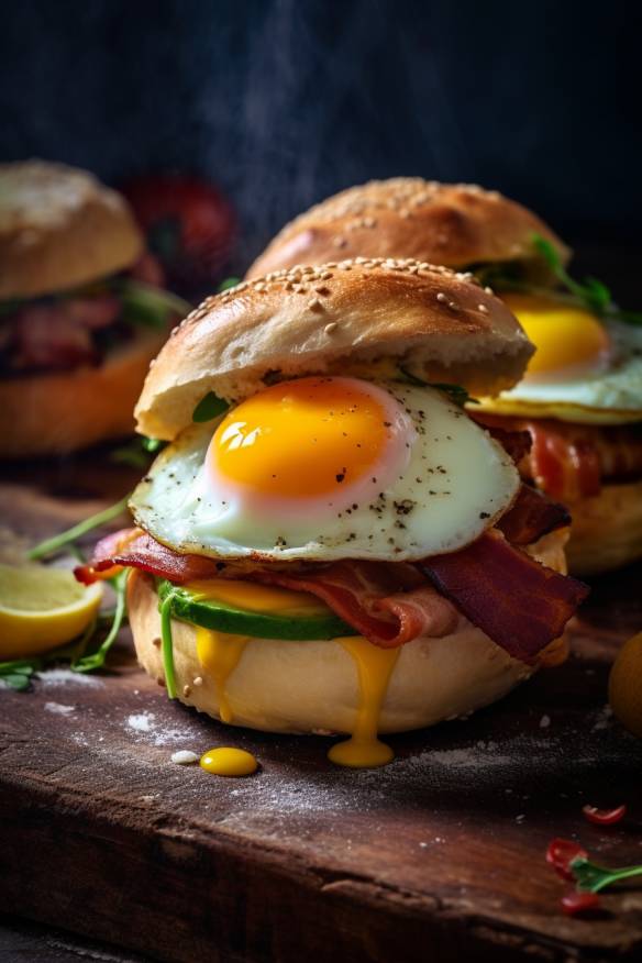 Herzhafte Frühstücks-Brötchen mit Speck, Gemüse und Ei