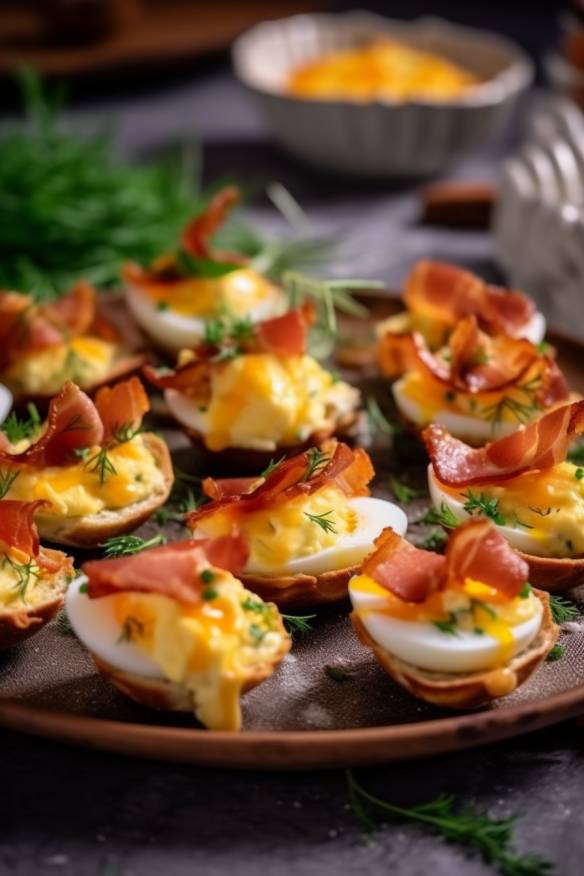 Herzhafte Brunch-Häppchen mit Rührei und Speck