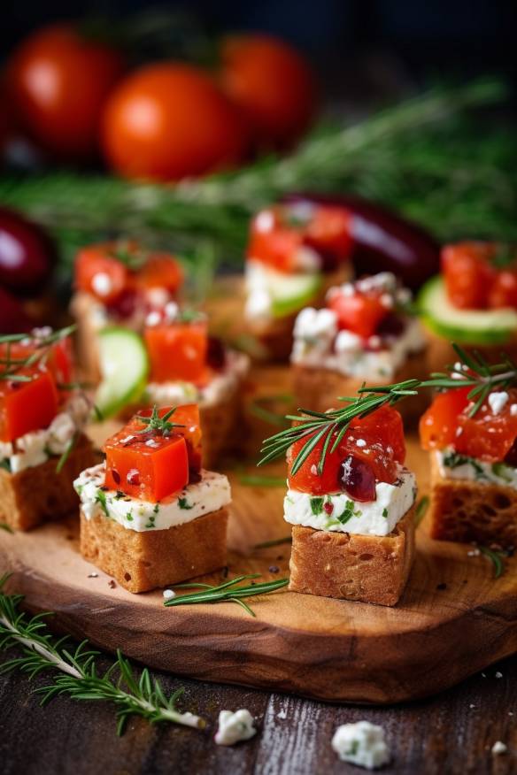 Herzhafte Fingerfood-Snacks mit Tomaten, Gurken und Feta.