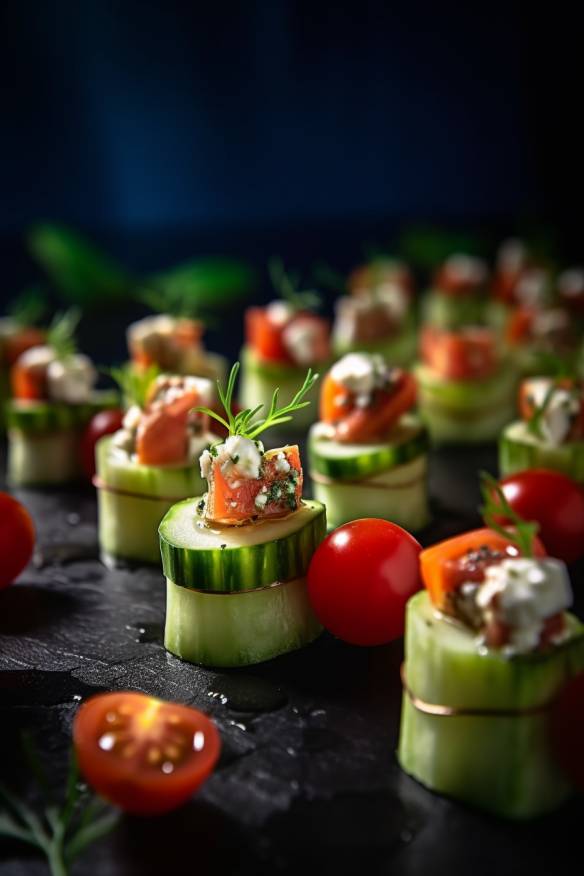 Herzhafte Fingerfood-Snacks mit Tomaten, Gurken und Feta.