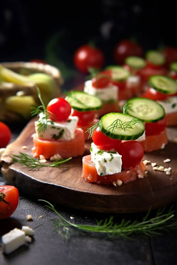 Herzhafte Fingerfood-Snacks mit Tomaten, Gurken und Feta.