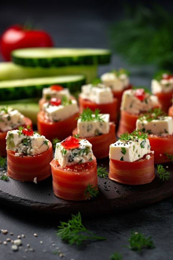 Herzhafte Fingerfood-Snacks mit Tomaten, Gurken und Feta.