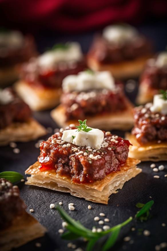 Herzhaftes Fingerfood mit Hackfleisch und Feta.