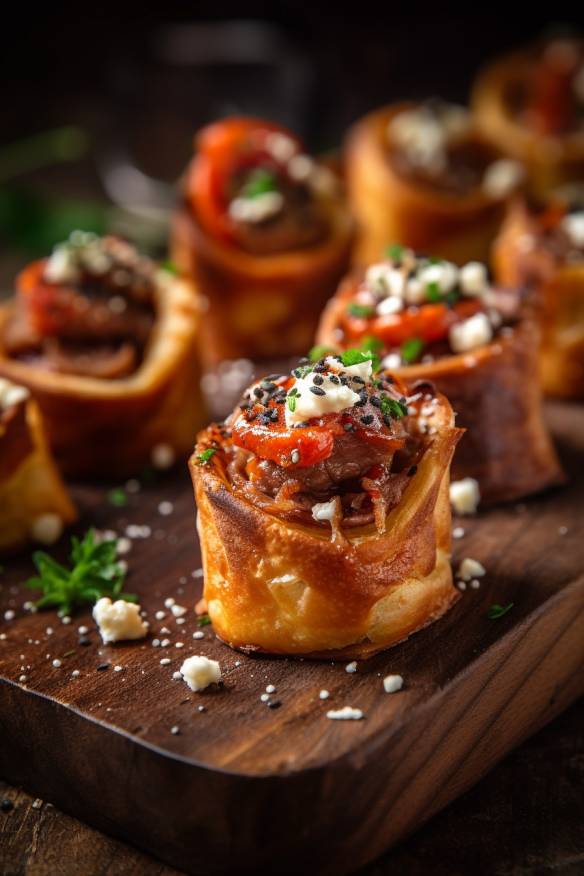 Herzhaftes Fingerfood mit Hackfleisch und Feta.