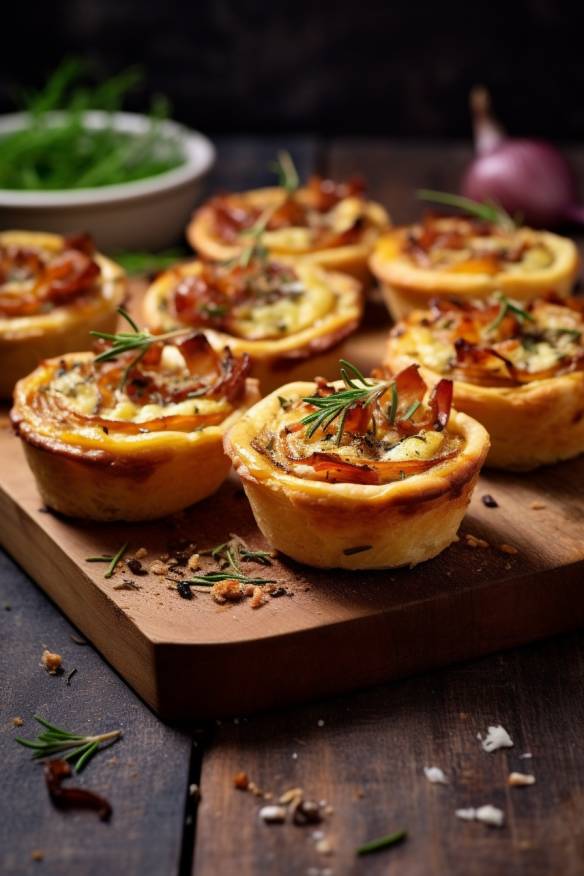 Pikante Mini-Quiches mit Speck und Zwiebeln.