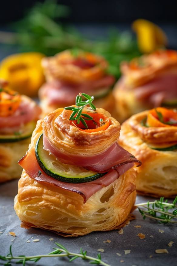 Herzhafte Blätterteig-Häppchen mit Paprika, Zucchini und Schinken.