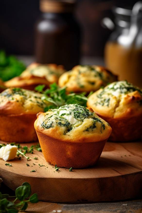 Herzhafte Spinat-Feta-Muffins auf einem Teller serviert.