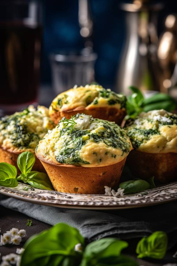 Herzhafte Spinat-Feta-Muffins auf einem Teller serviert.