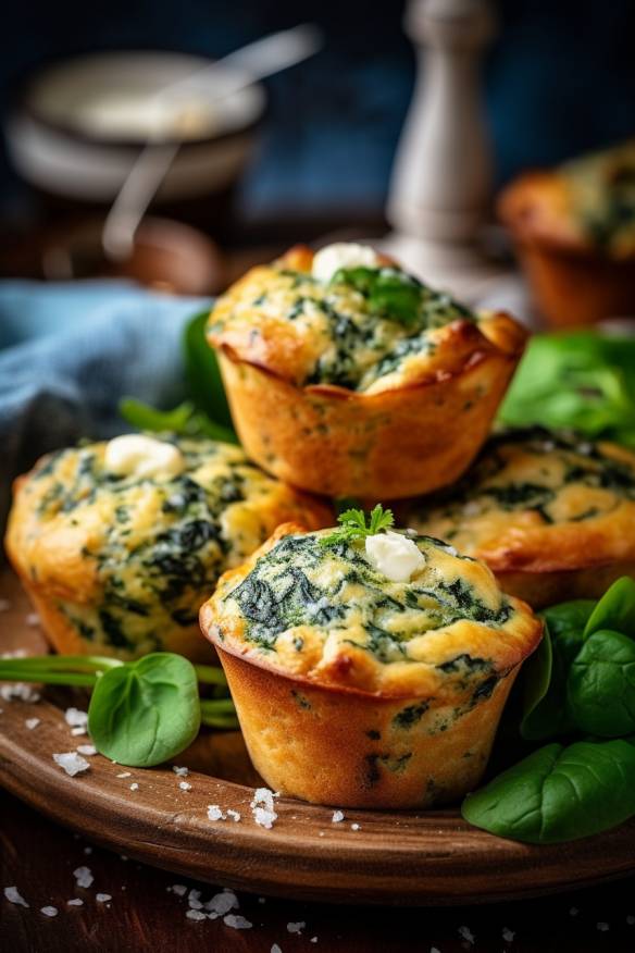 Herzhafte Spinat-Feta-Muffins auf einem Teller serviert.