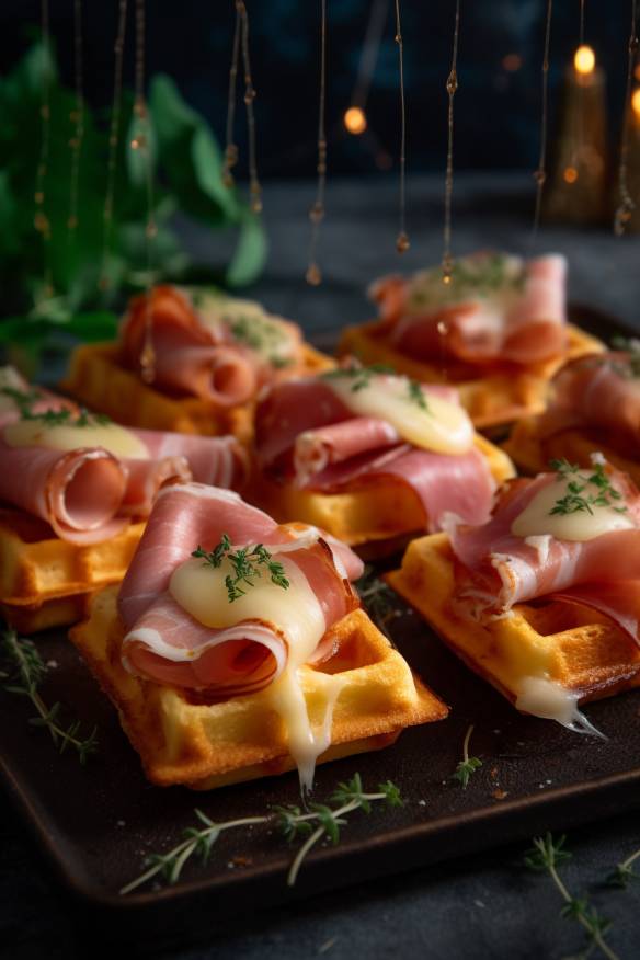 Pikante Waffelhäppchen mit Schinken und Käse