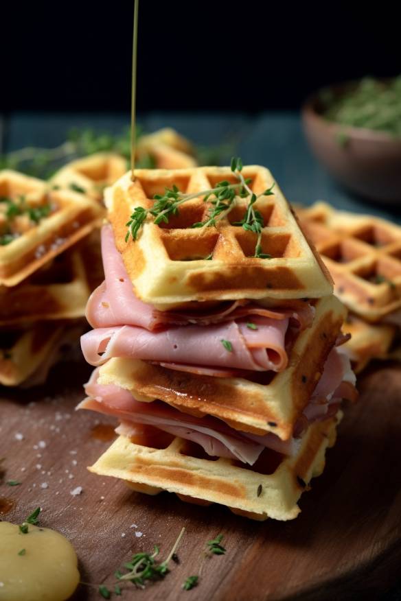 Pikante Waffelhäppchen mit Schinken und Käse