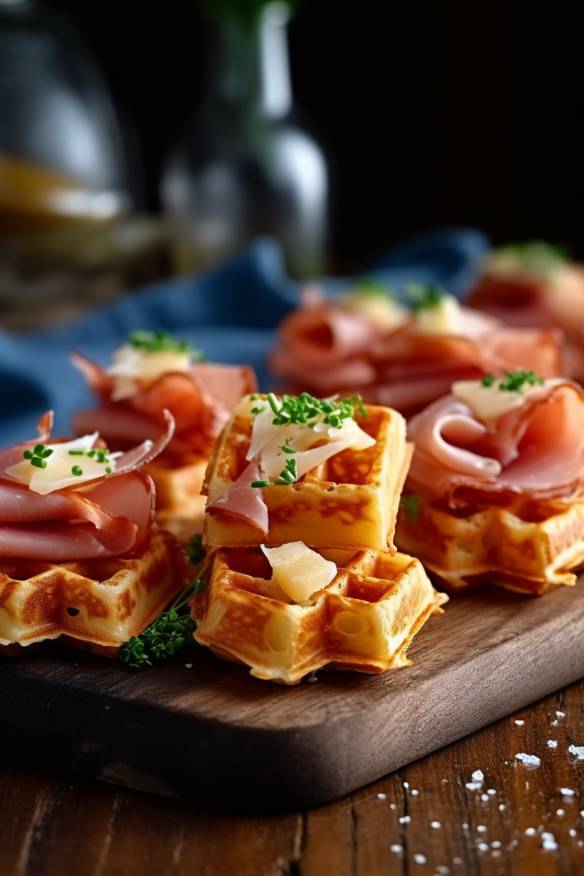 Pikante Waffelhäppchen mit Schinken und Käse