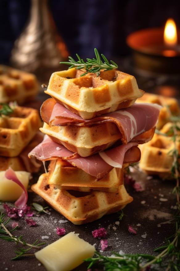 Pikante Waffelhäppchen mit Schinken und Käse