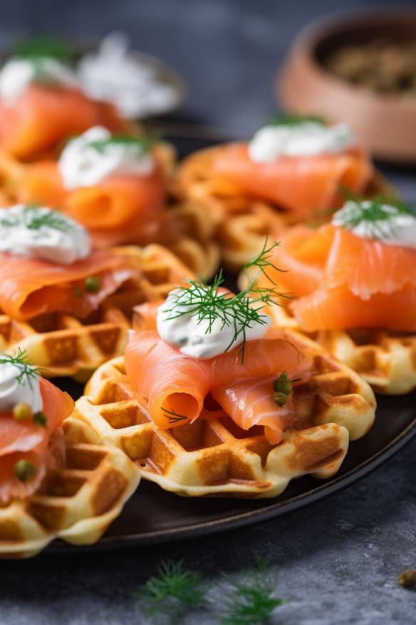 Herzhaftes Waffel-Fingerfood mit Frischkäsecreme und Räucherlachs