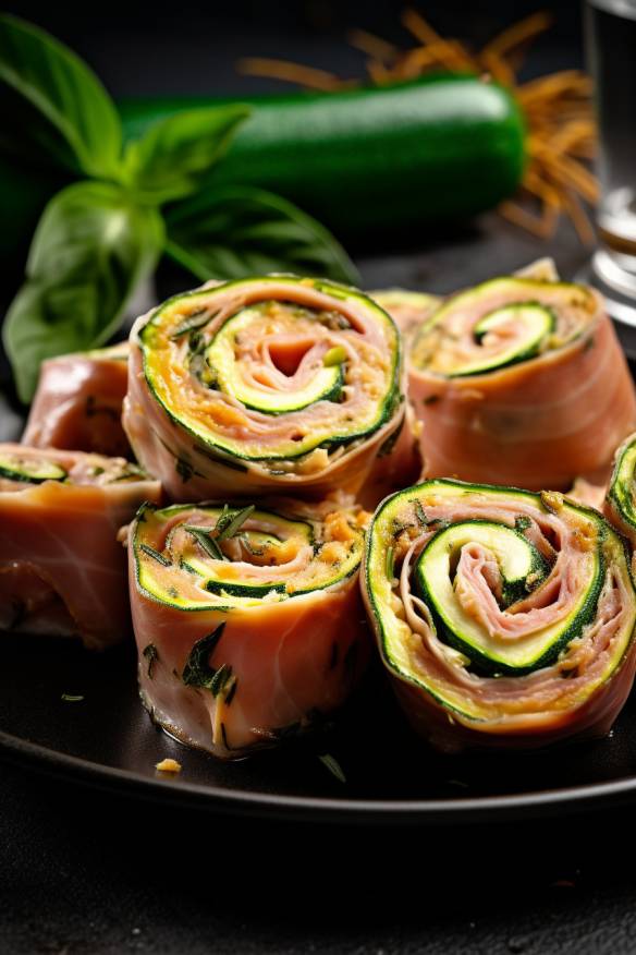 Herzhafte Zucchini-Schinken-Röllchen auf einem Teller