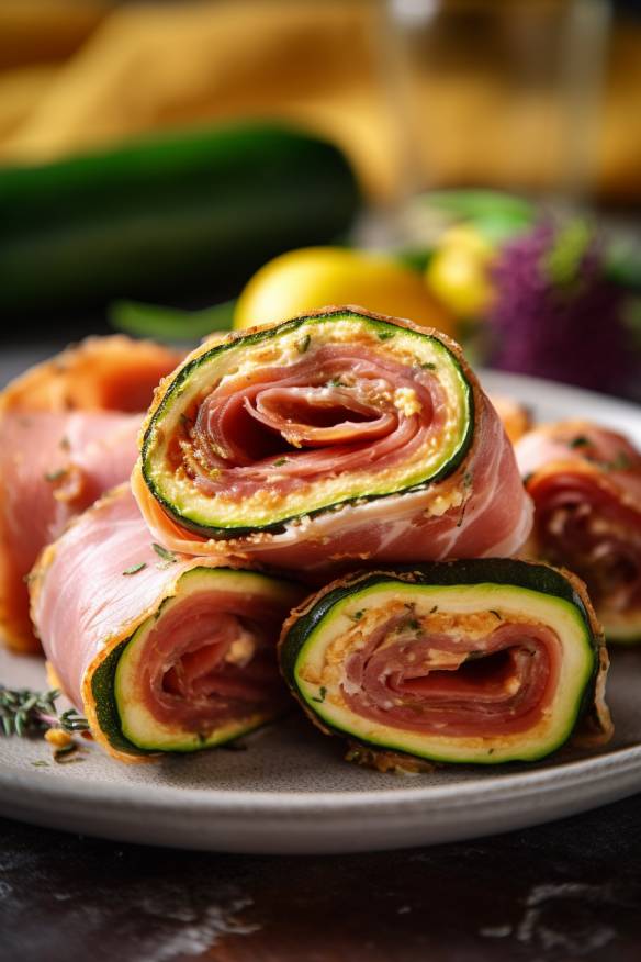 Herzhafte Zucchini-Schinken-Röllchen auf einem Teller