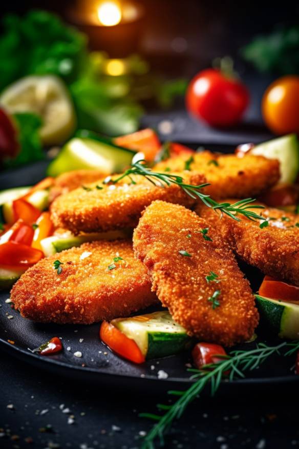 Schnitzel-Fingerfood mit Gemüse.