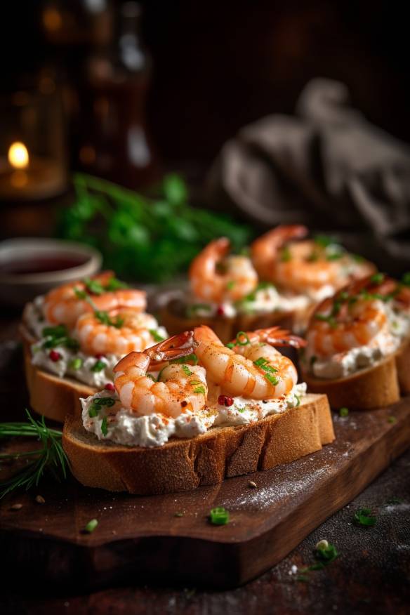 Garnelen-Häppchen auf Baguette-Scheiben mit Frischkäse und Frühlingszwiebeln