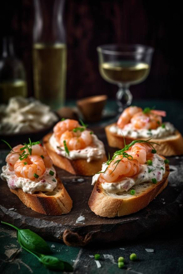 Garnelen-Häppchen auf Baguette-Scheiben mit Frischkäse und Frühlingszwiebeln