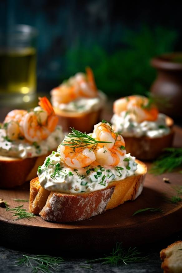 Garnelen-Häppchen auf Baguette-Scheiben mit Frischkäse und Frühlingszwiebeln