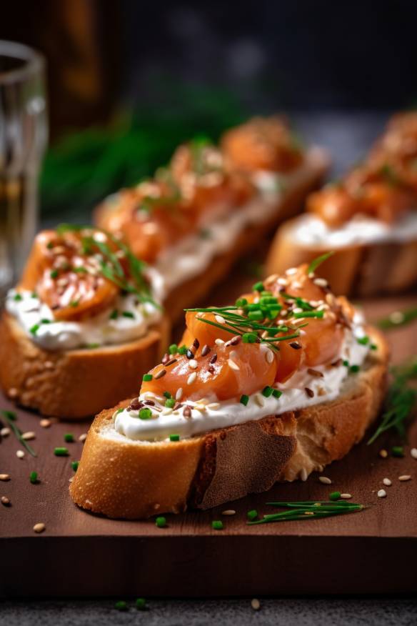 Kaviar-Häppchen auf Baguette mit Crème fraîche und Schnittlauch.