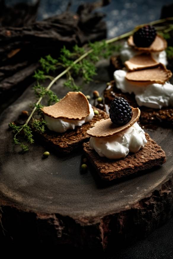 Häppchen mit Pumpernickel und Ziegenfrischkäse