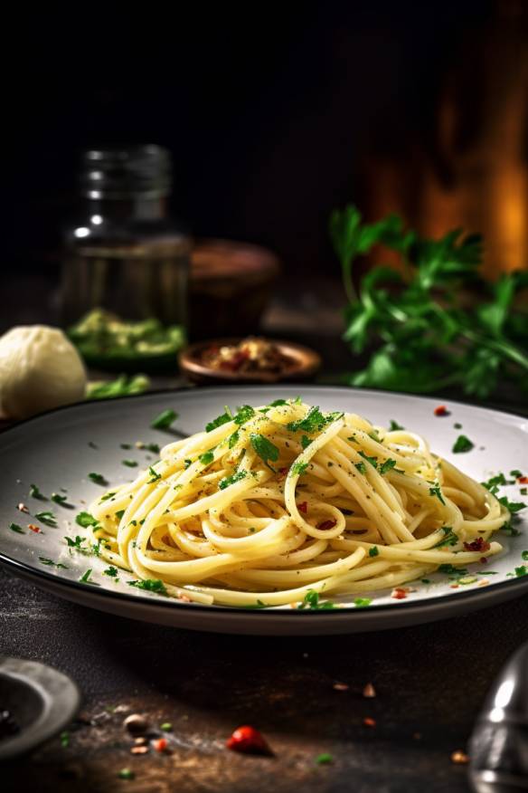 Spaghetti Aglio e Olio mit Knoblauch, Chili und Petersilie