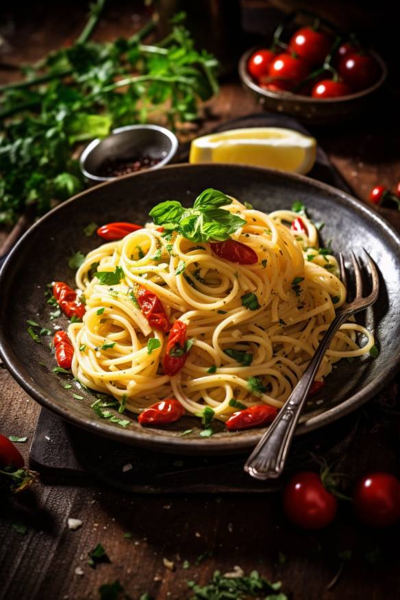 Spaghetti Aglio e Olio mit Knoblauch, Chili und Petersilie